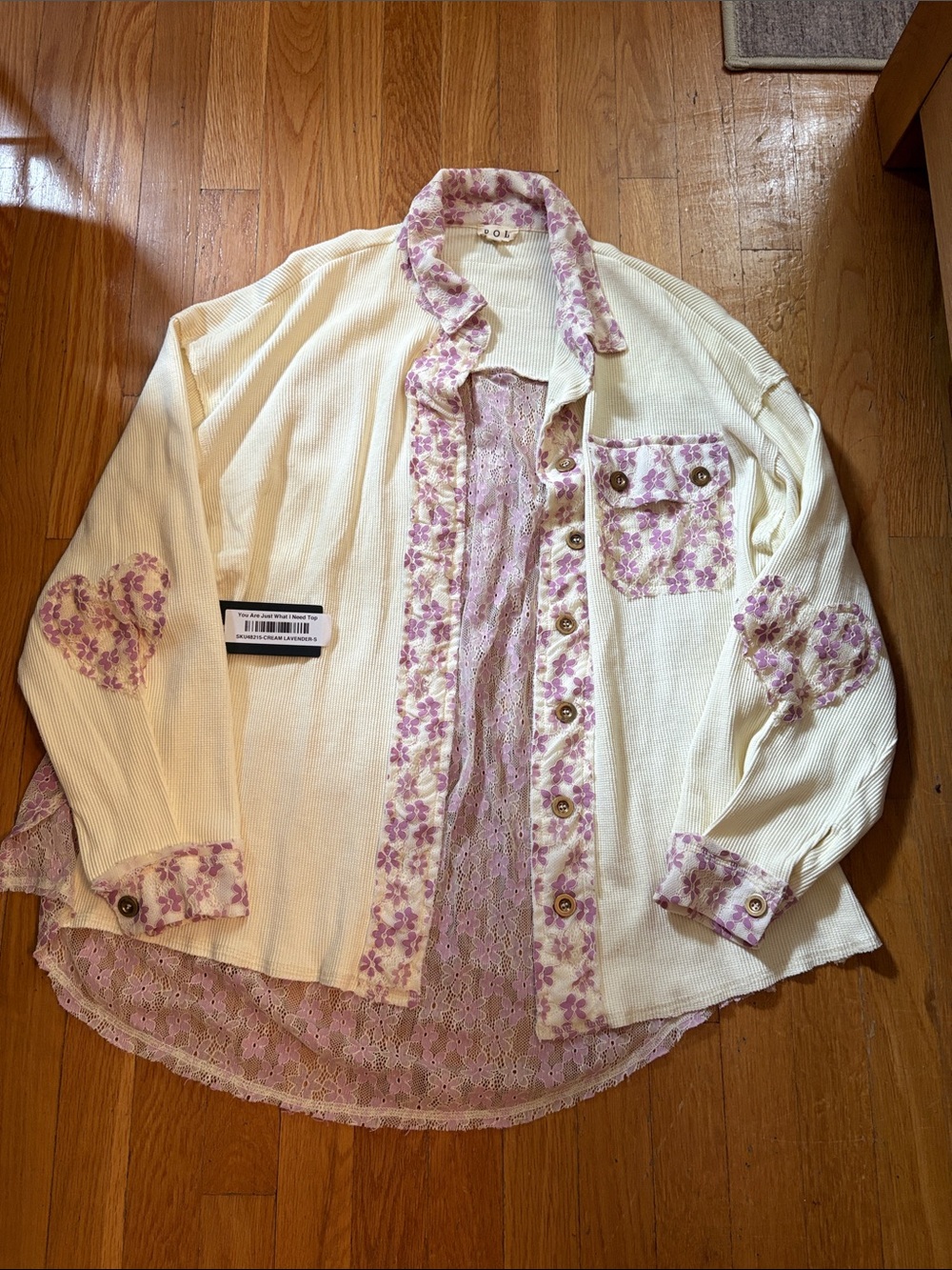 POL Ivory Button-Up Shacket with Lavender Floral Trim